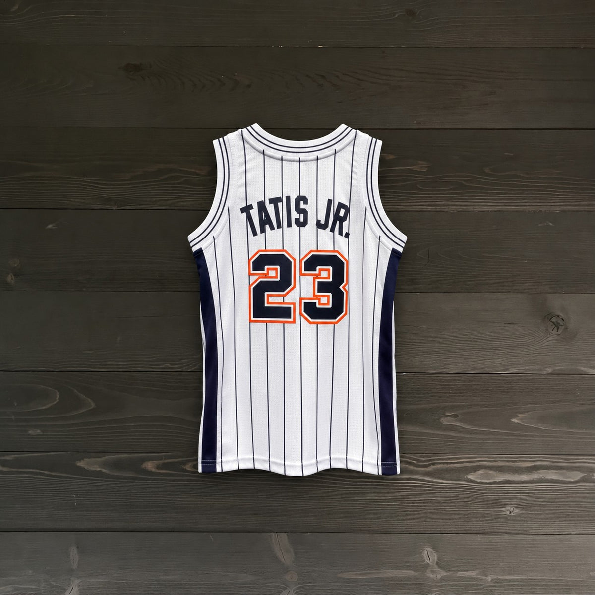 Youth #23 - White Orange Navy Pinstripes | AY-119a