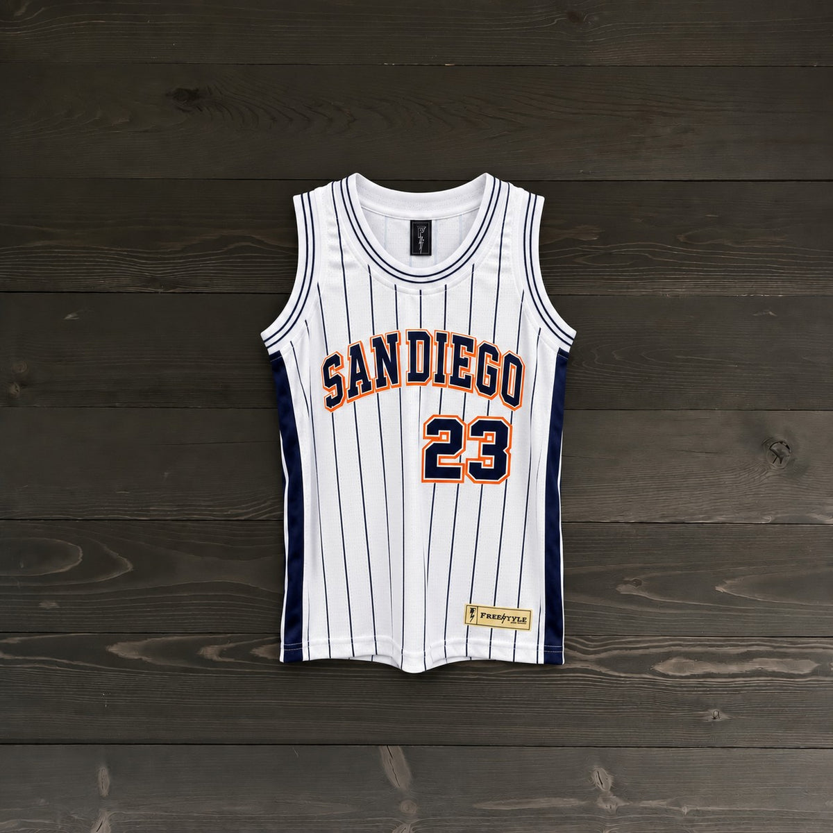 Youth #23 - White Orange Navy Pinstripes | AY-119a