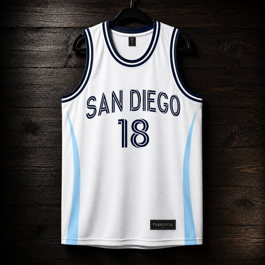 F-004m #18 White Light Blue Basketball Jersey - MADE TO ORDER