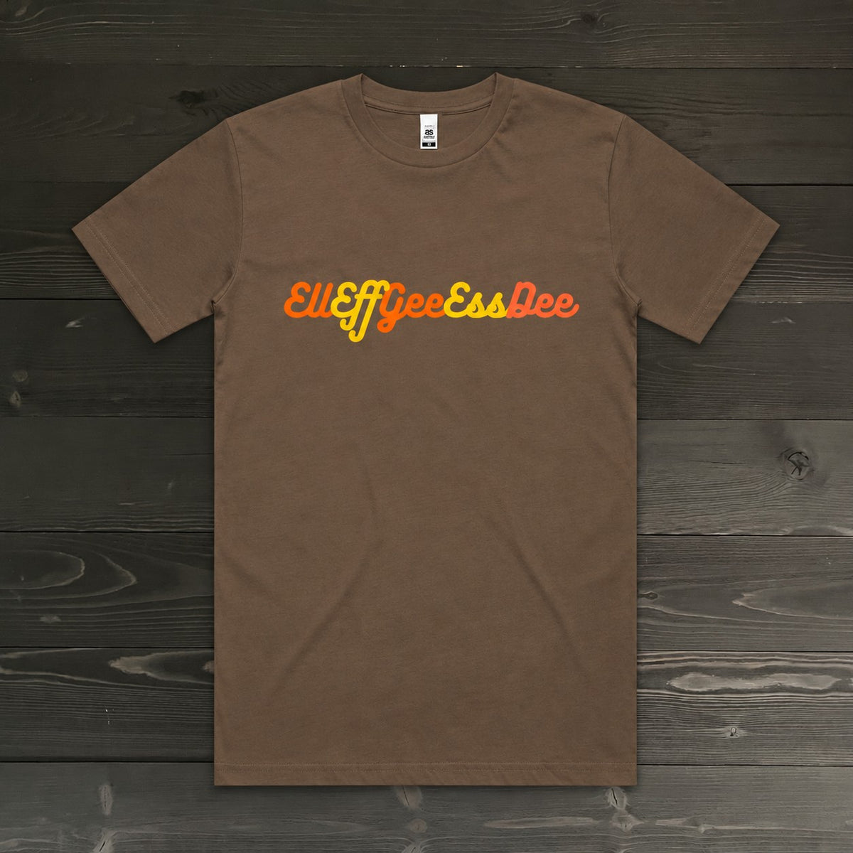 Men "EllEffGeeEssDee" Orange Yellow Script on Brown Tee | TM-041