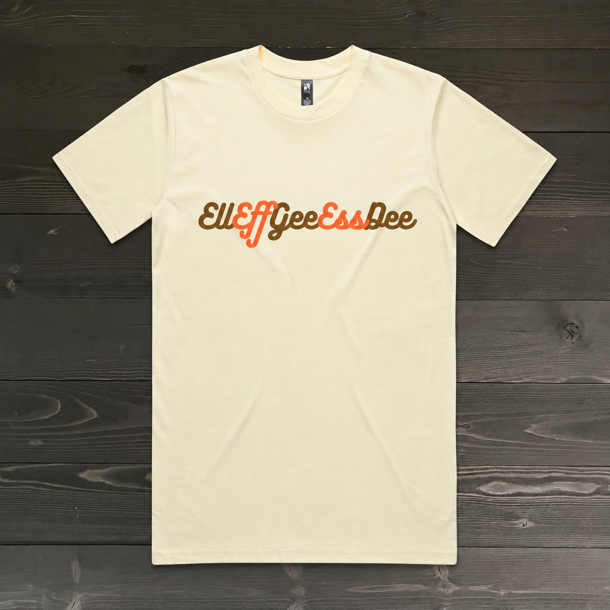 Men "EllEffGeeEssDee" Brown Orange Script on Creme Tee | TM-043