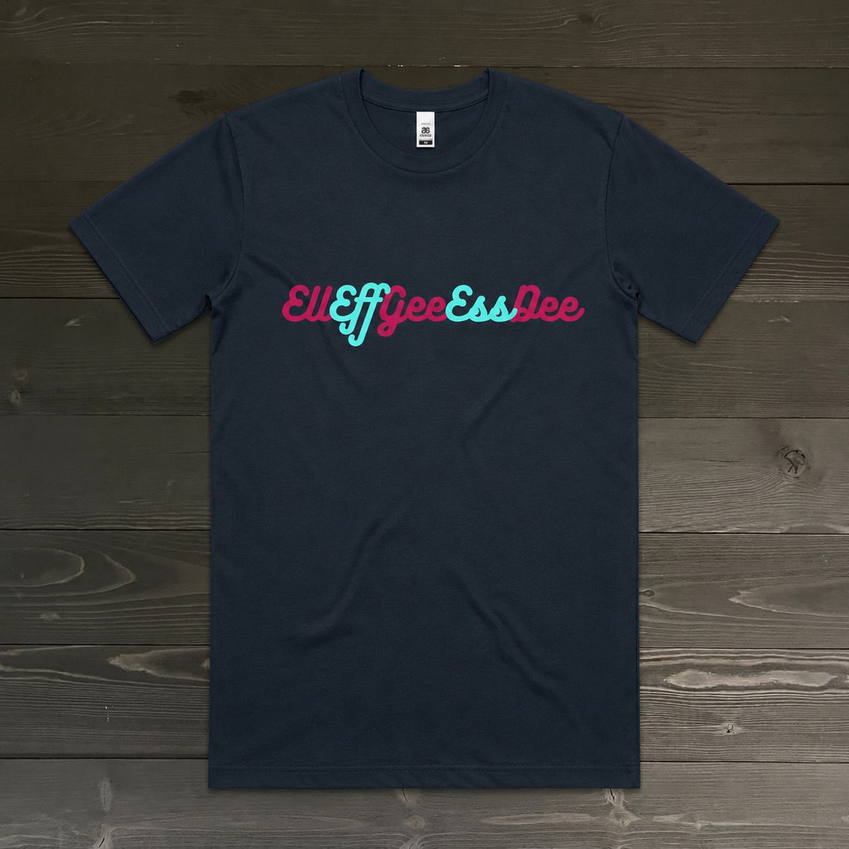 Men "EllEffGeeEssDee" Magenta Aqua Script on Navy Tee | TM-044