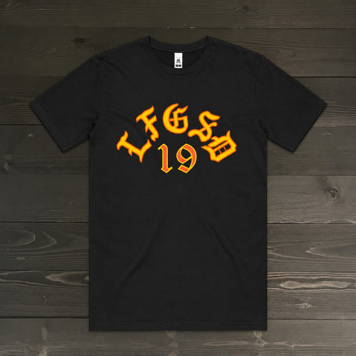 Men LFGSD 19 Old English Orange Yellow on Black Tee | TM-060