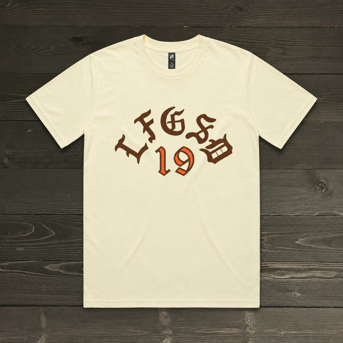 Men LFGSD 19 Old English Brown Orange on Creme Tee | TM-061