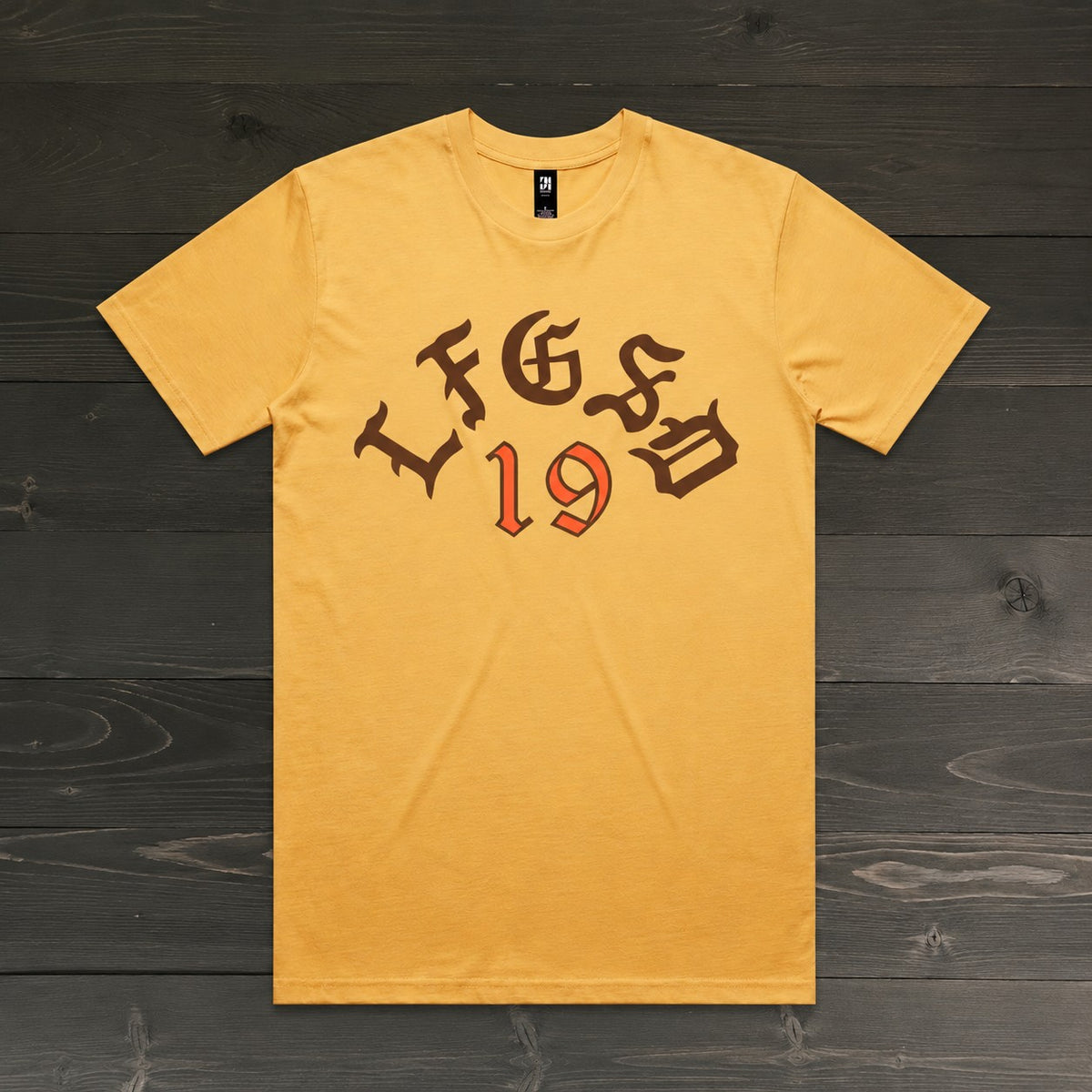 Men LFGSD 19 Old English Brown Orange on Yellow Tee | TM-062