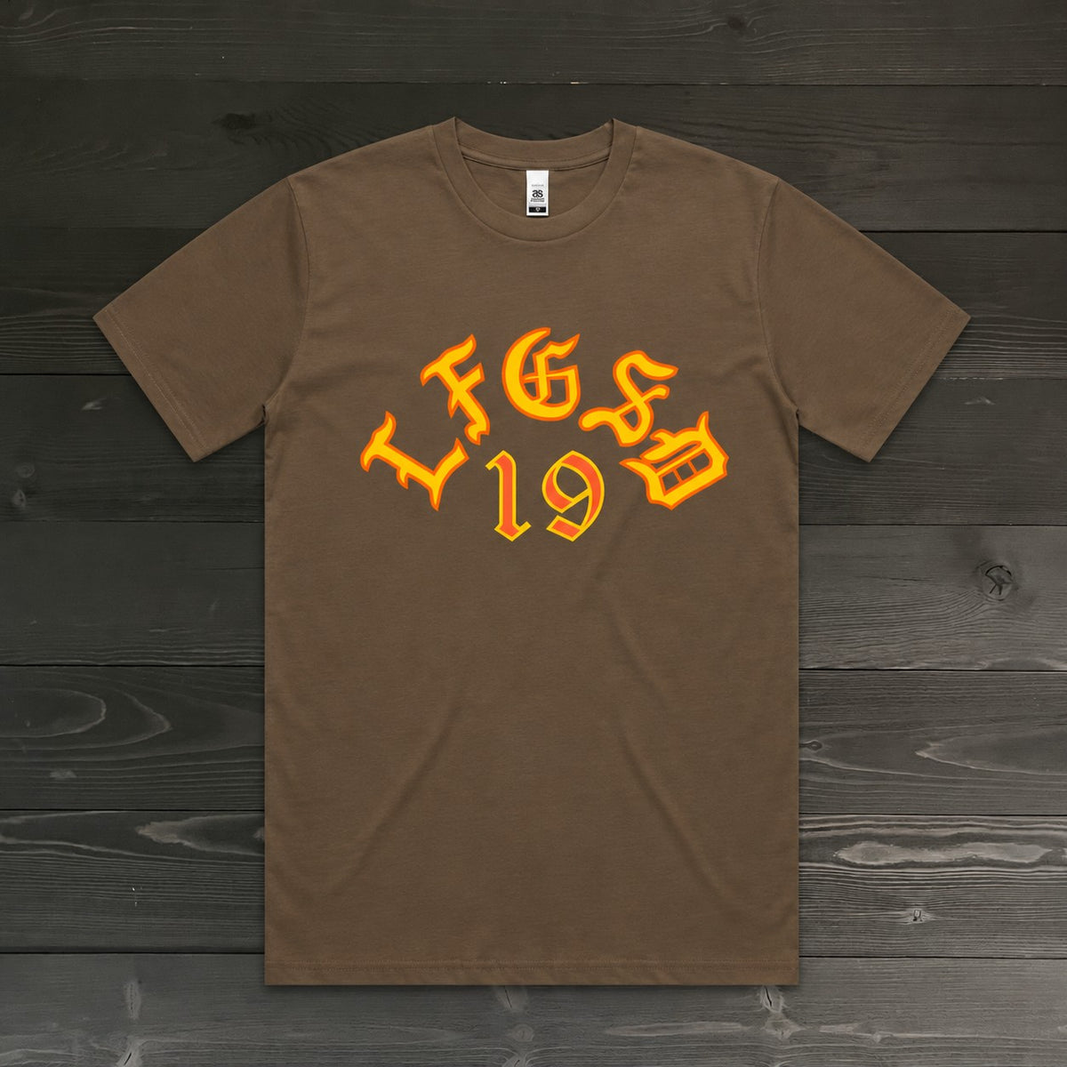 Men LFGSD 19 Old English Yellow Orange on Brown Tee | TM-063