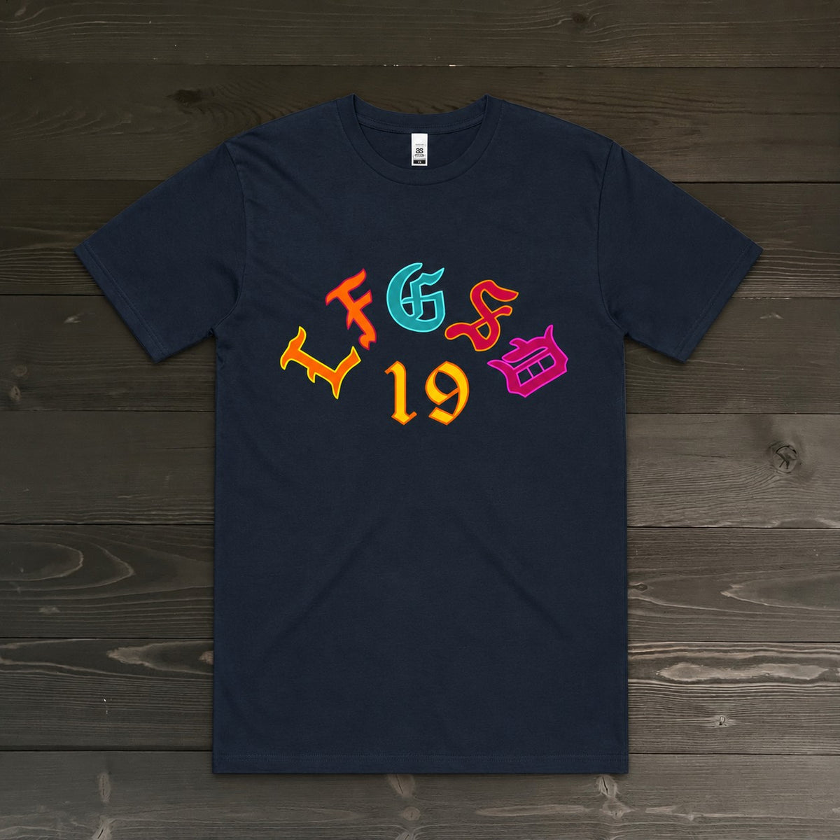 Men LFGSD 19 Old English Multi Color on Navy Tee | TM-064