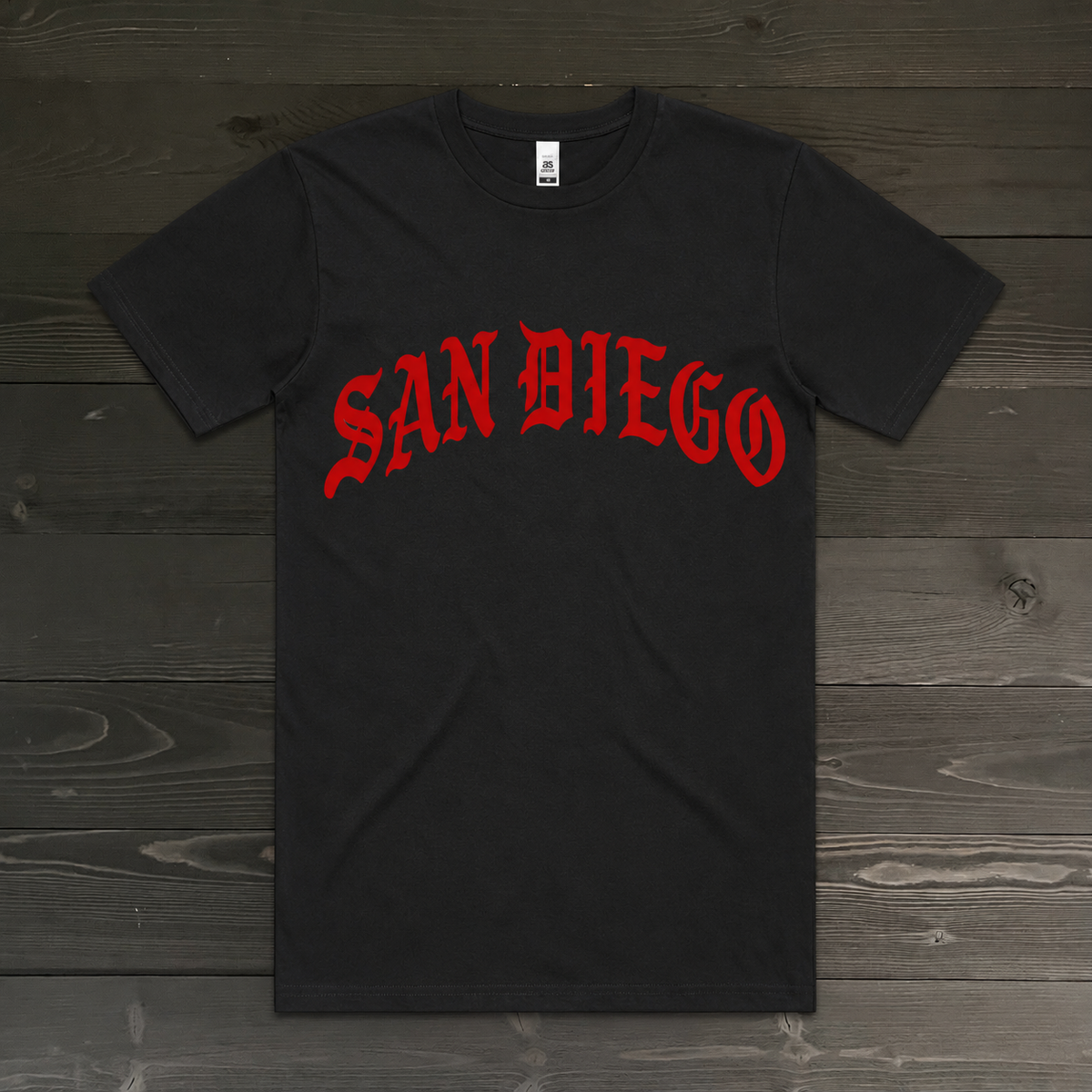 Men SAN DIEGO Old English Red on Black Tee | TM-074