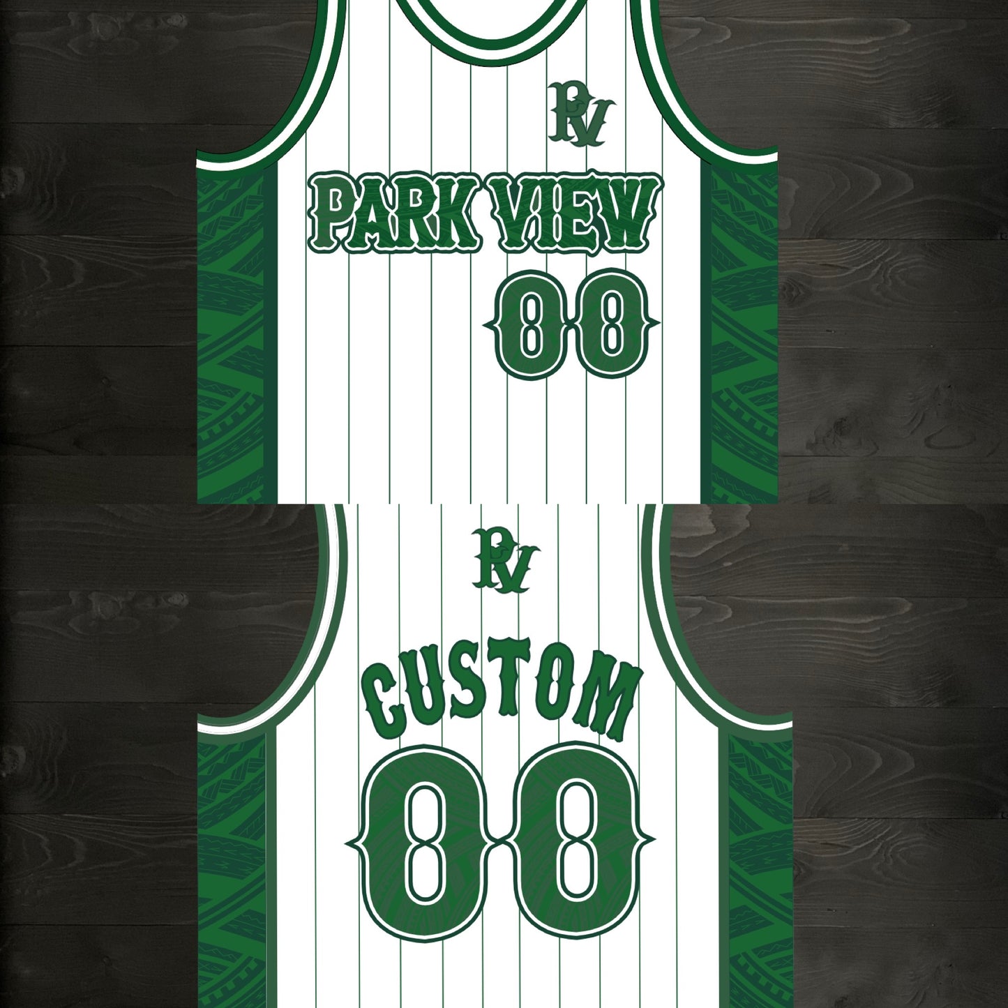 L-005m CUSTOM NAME AND # Park View White Green w Pinstripes - MADE TO ORDER