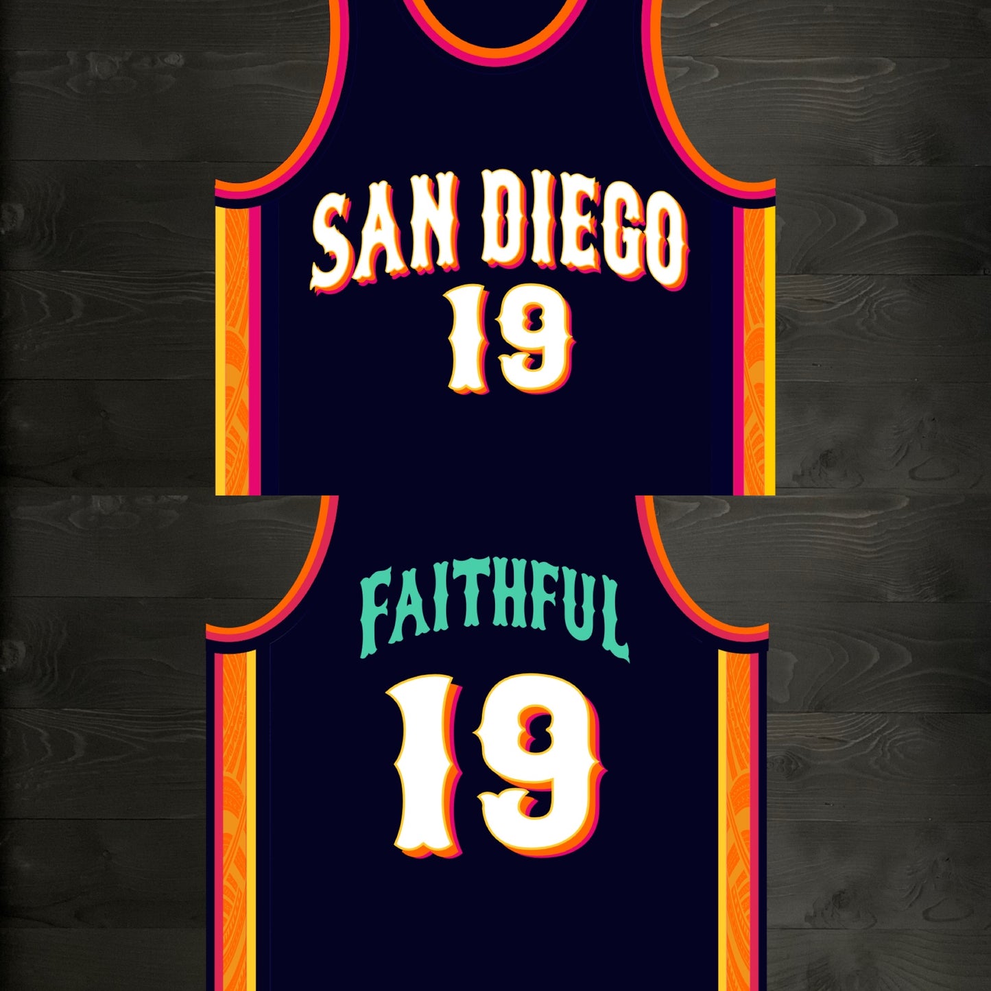 A-120m #19 FAITHFUL Navy Orange White Pink Basketball Jersey - MADE TO ORDER
