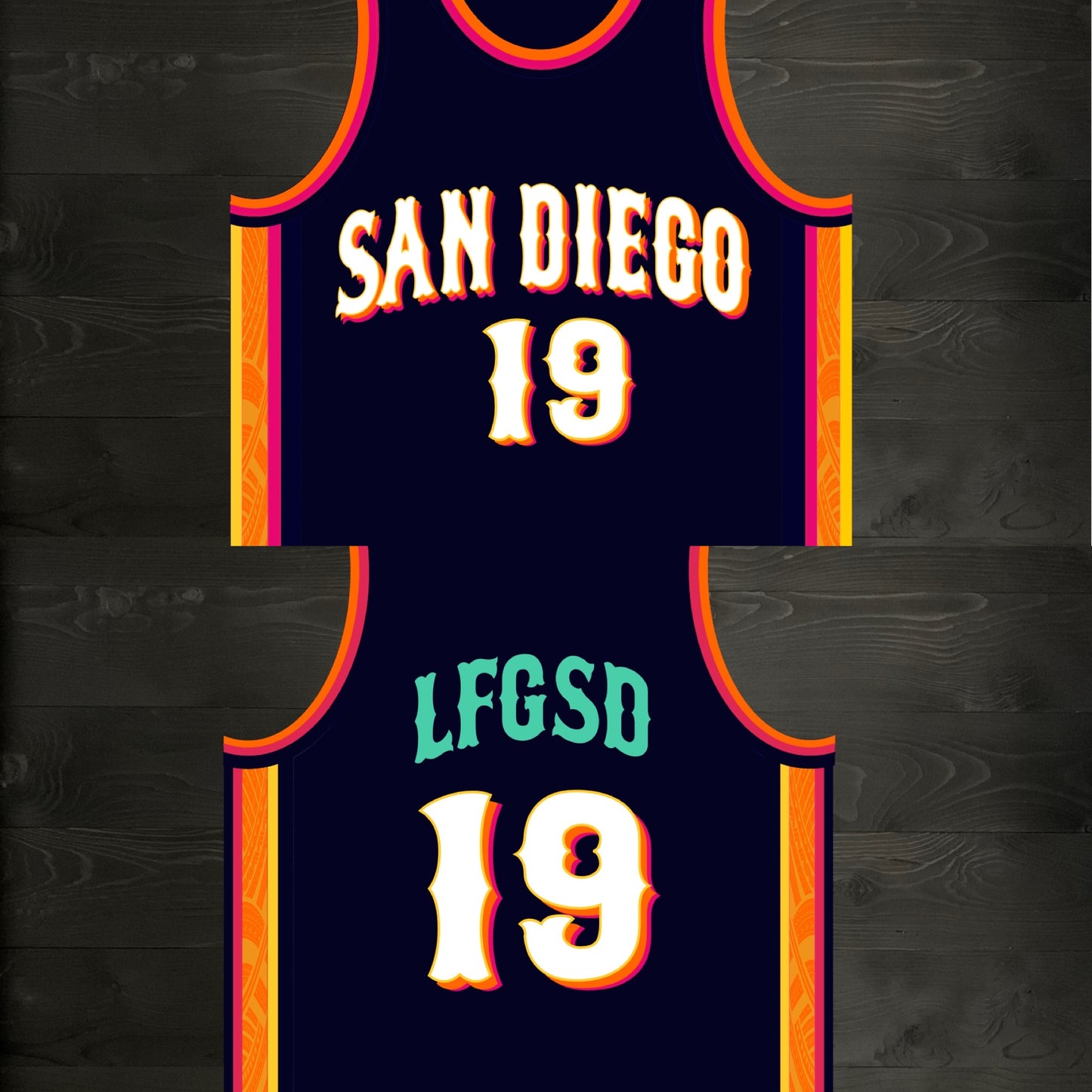 A-120m #19 LFGSD Navy Orange White Pink Basketball Jersey - MADE TO ORDER