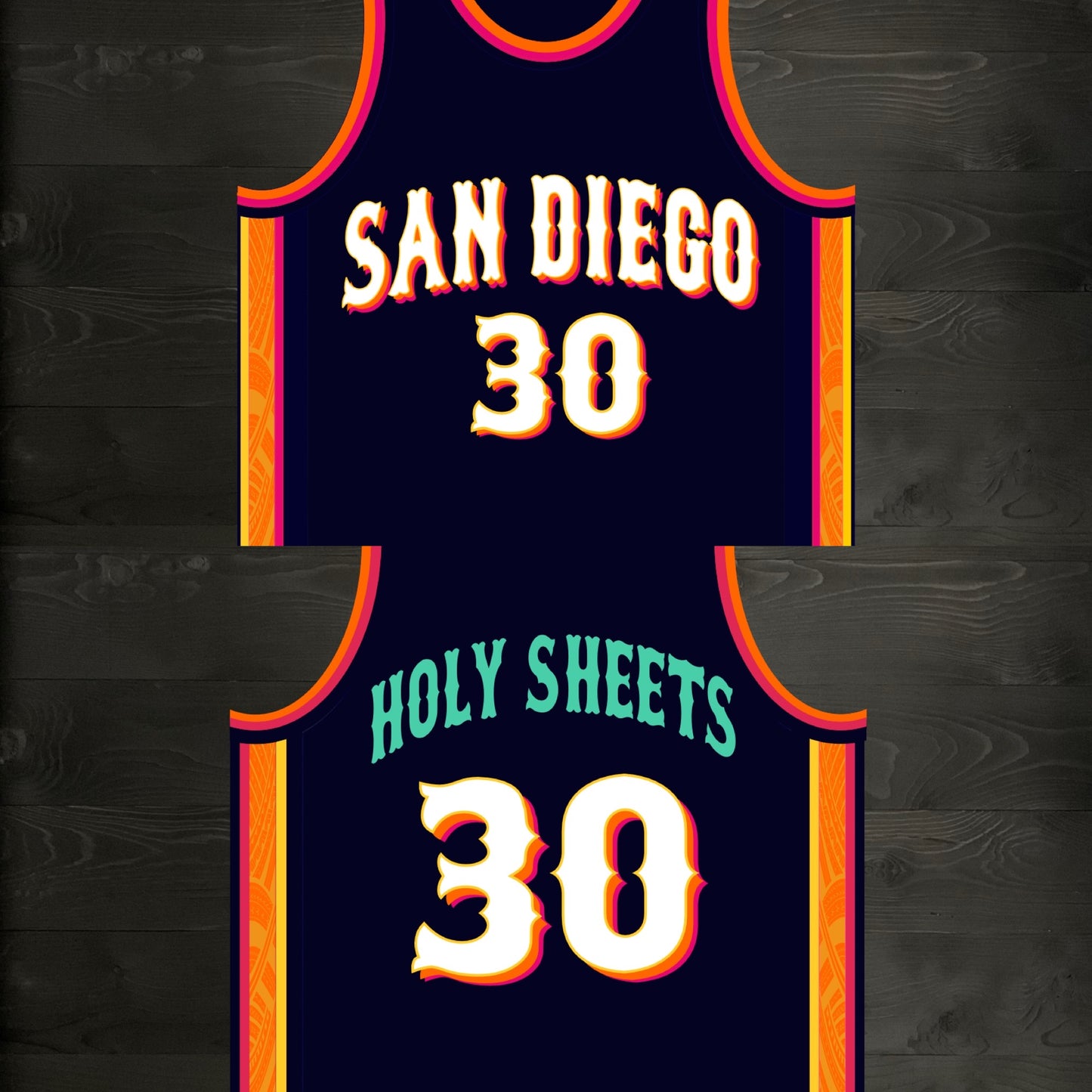 A-120m #30 HOLY SHEETS Navy Orange White Pink Basketball Jersey - MADE TO ORDER
