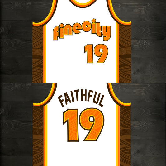 A-023m FINE CITY #19 FAITHFUL White Brown Orange Tribalz Basketball Jersey ALL SIZES - MADE TO ORDER