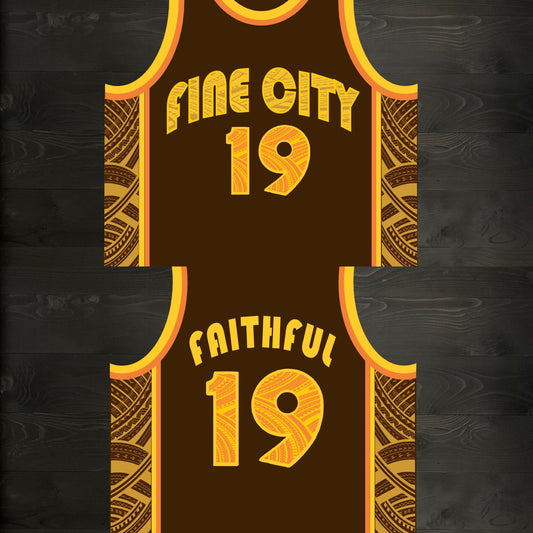 A-002m FAITHFUL #19 - FINE CITY Brown Orange Tribalz Basketball Jersey ALL SIZES - MADE TO ORDER