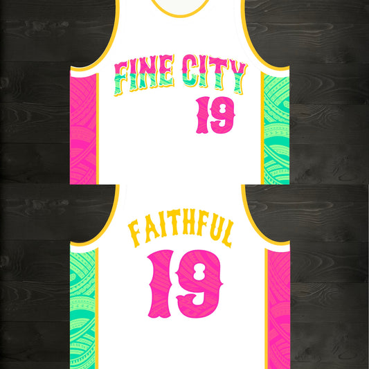 A-003m FAITHFUL #19 - FINE CITY White Pink Mint Tribalz Basketball Jersey ALL SIZES - MADE TO ORDER