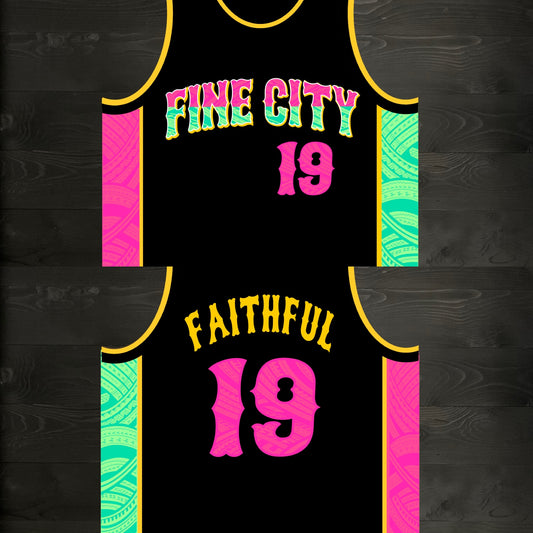 A-004m FAITHFUL #19 - FINE CITY Black Pink Mint Tribalz Basketball Jersey ALL SIZES - MADE TO ORDER