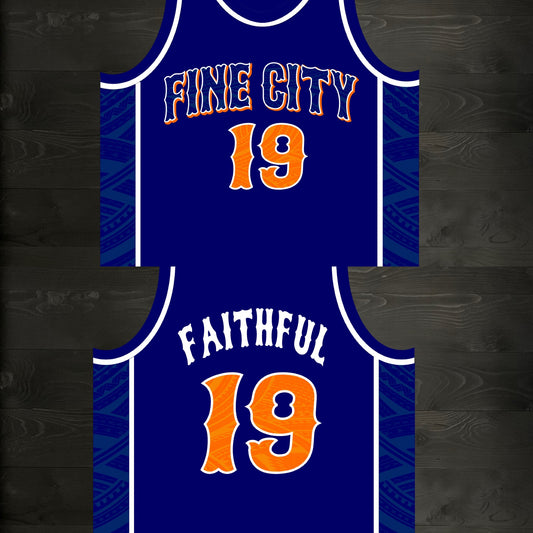 A-022m FAITHFUL #19 - FINE CITY Navy Orange Basketball Jersey ALL SIZES - MADE ORDER