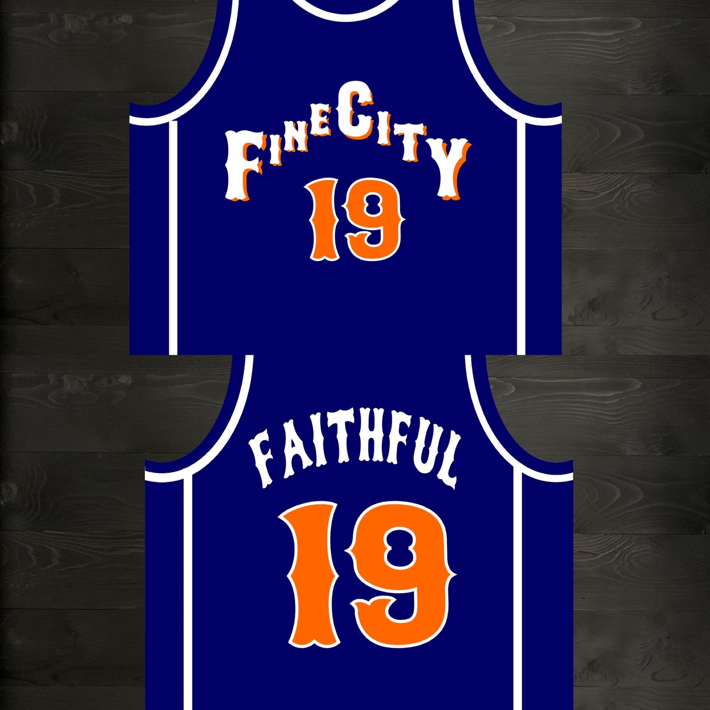 A-027m FINE CITY #19 FAITHFUL Pyramid Navy Orange Basketball Jersey ALL SIZES - MADE ORDER