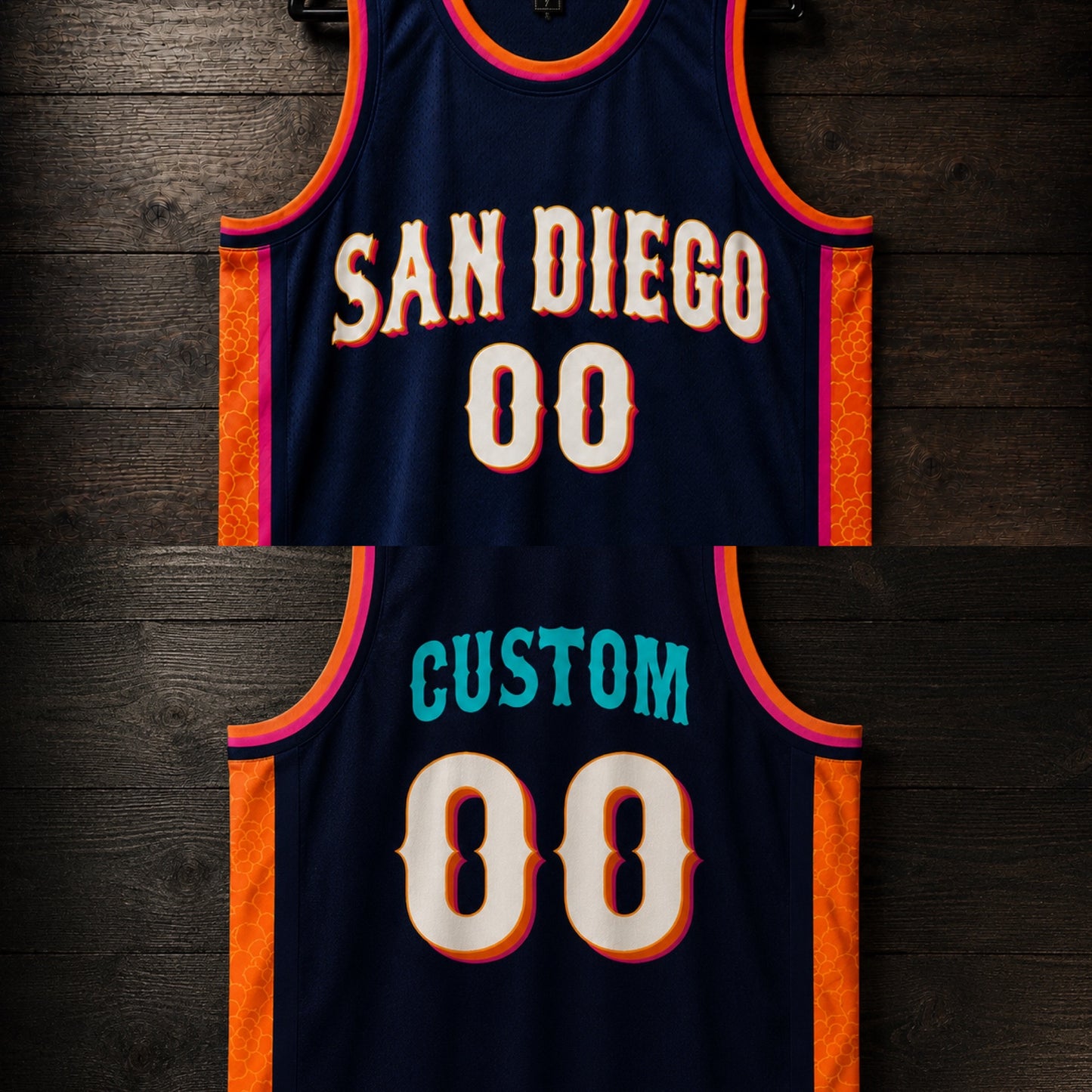 A-120m CUSTOM Name and # Navy White Orange Pink Basketball Jersey - MADE TO ORDER