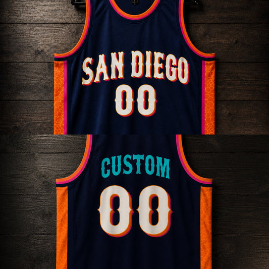 A-120m CUSTOM Name and # Navy White Orange Pink Basketball Jersey - MADE TO ORDER