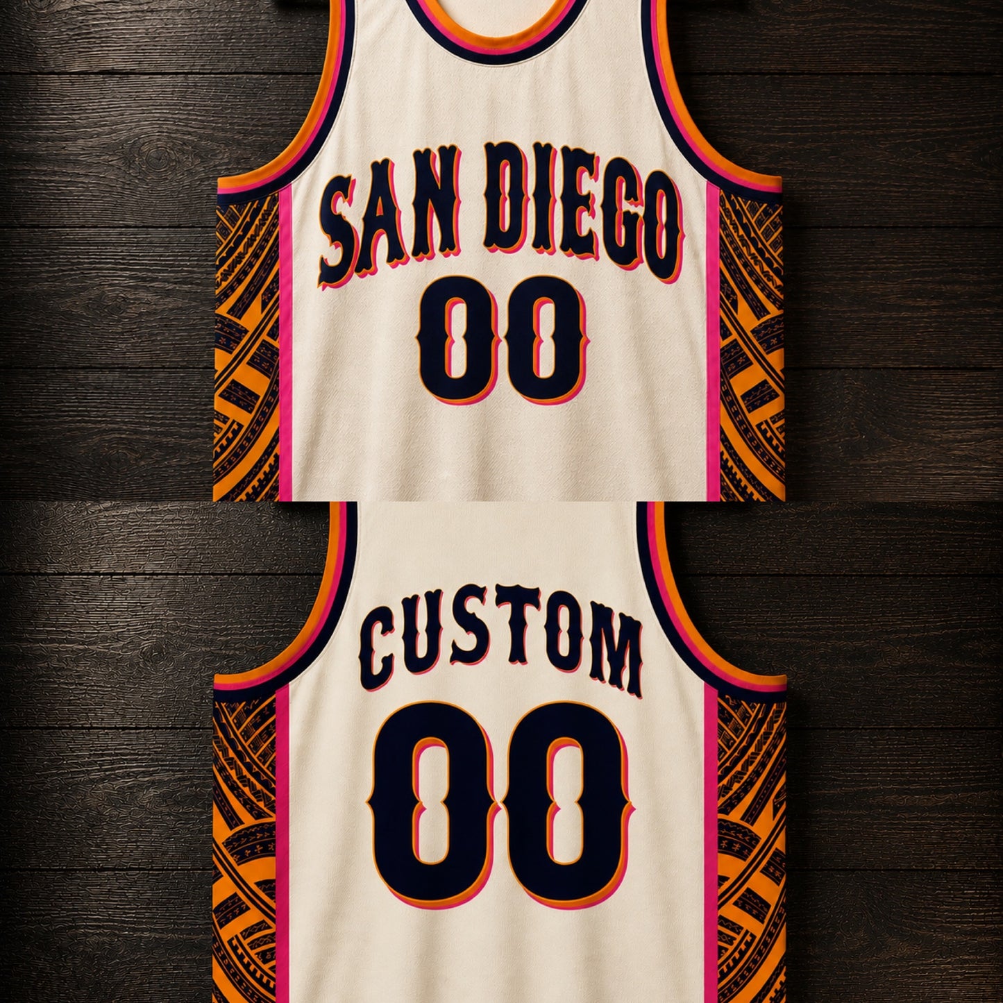 A-121m CUSTOM Name and # Bone Creme Navy Marigold Magenta Tribal Basketball Jersey - MADE TO ORDER