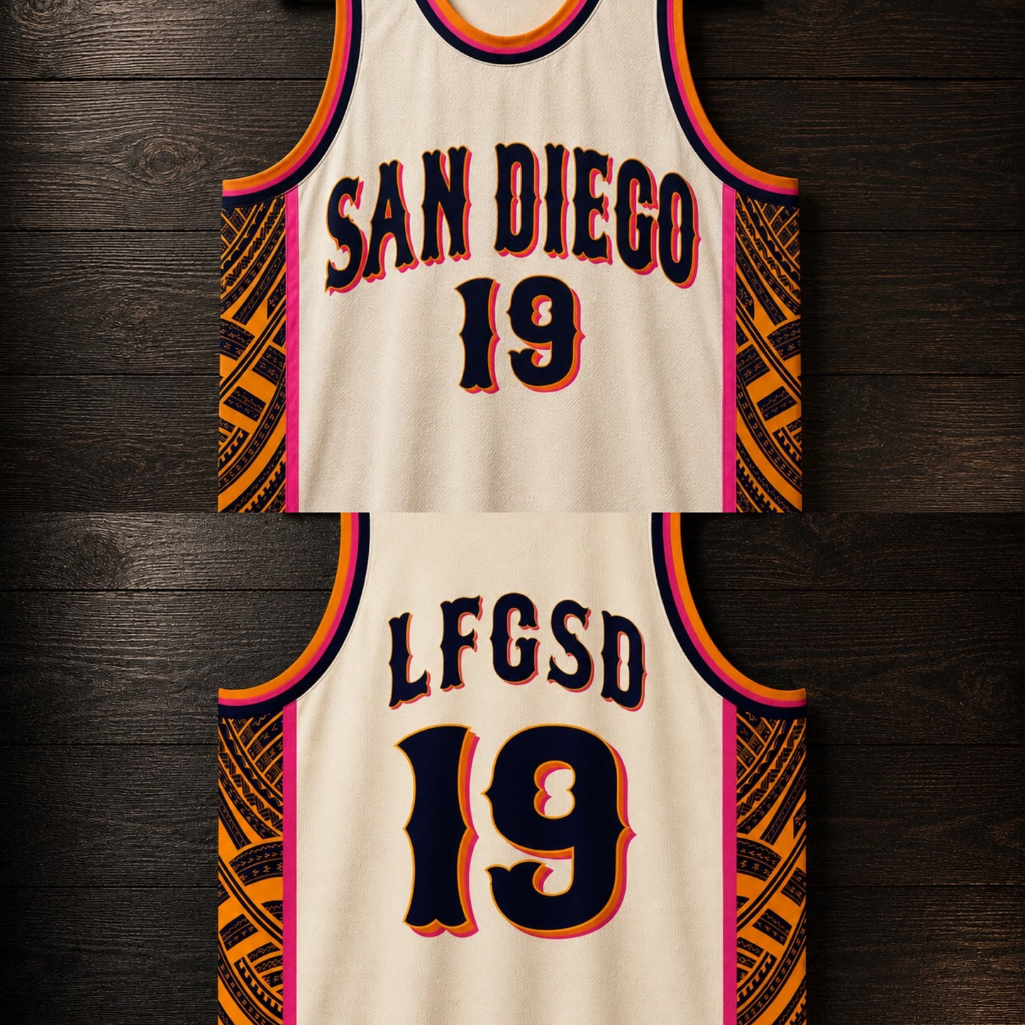 A-121m LFGSD Custom # Bone Creme Navy Marigold Magenta Tribal Basketball Jersey - MADE TO ORDER