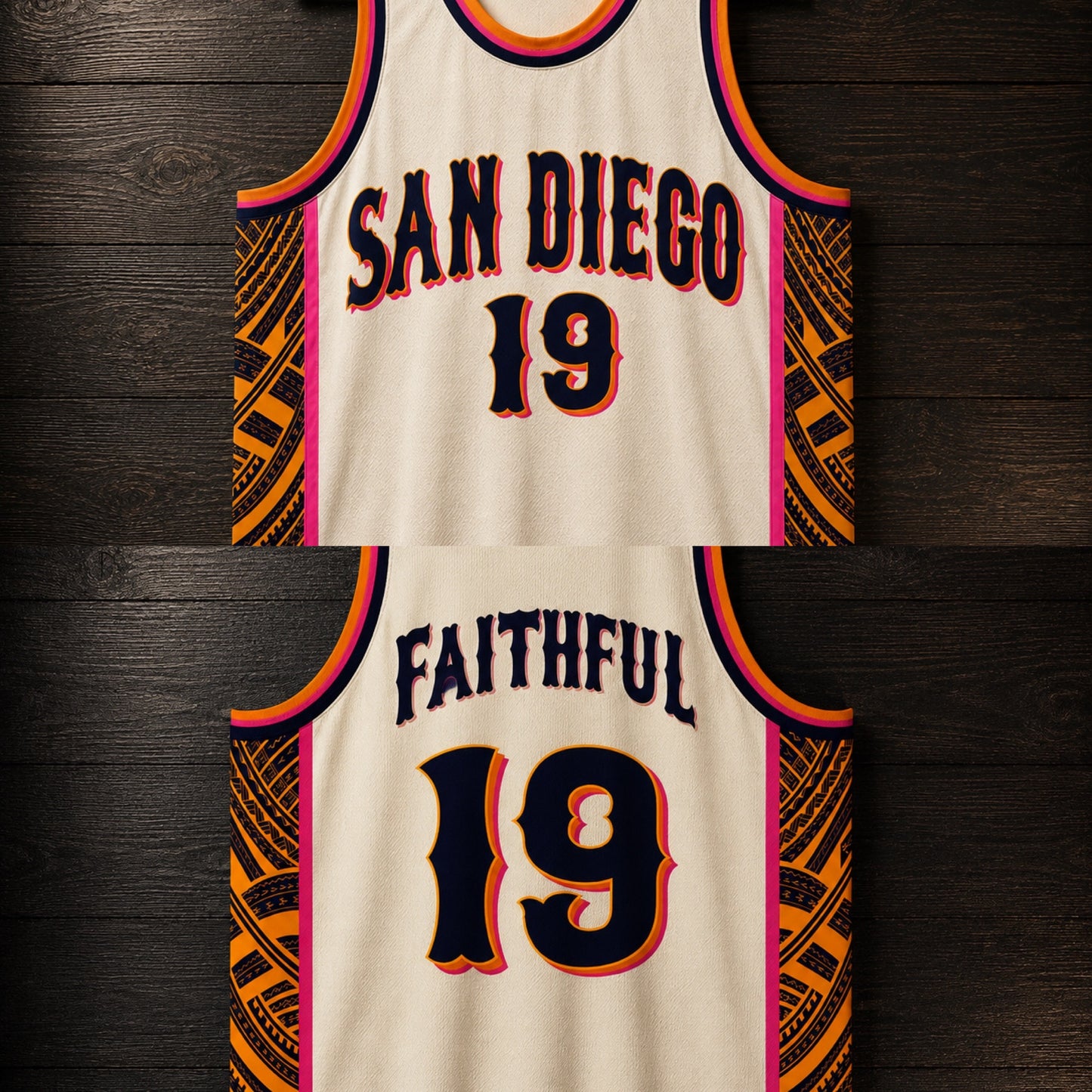 A-121m FAITHFUL Custom # Bone Creme Navy Marigold Magenta Tribal Basketball Jersey - MADE TO ORDER