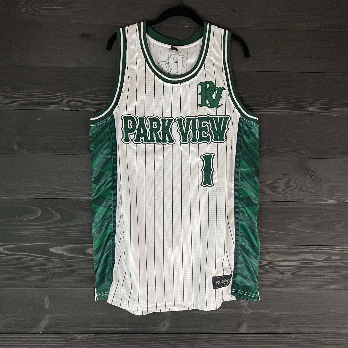 L-005m CUSTOM NAME AND # Park View White Green w Pinstripes - MADE TO ORDER