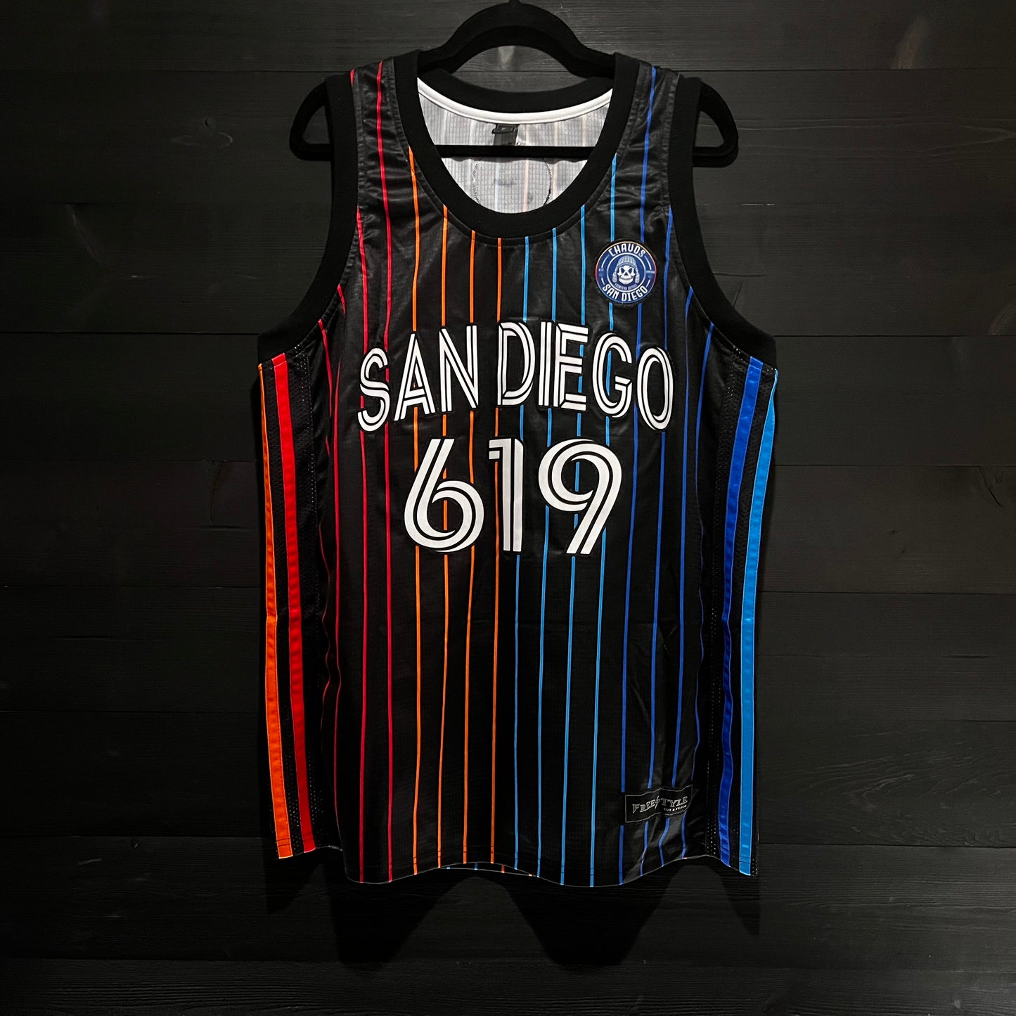 F-000m CUSTOM # and NAME SD Black Red Orange Blue w Pinstripes Basketball Jersey - MADE TO ORDER