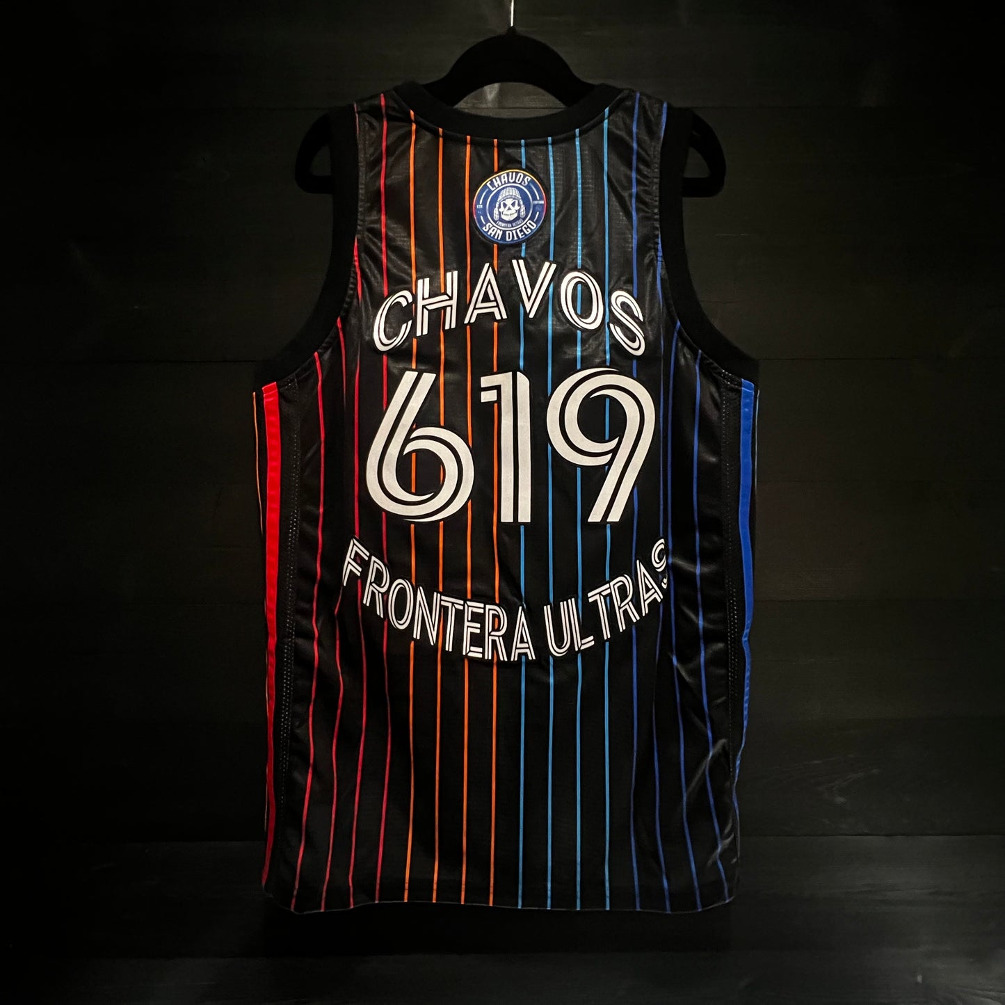 F-000m CUSTOM # and NAME SD Black Red Orange Blue w Pinstripes Basketball Jersey - MADE TO ORDER