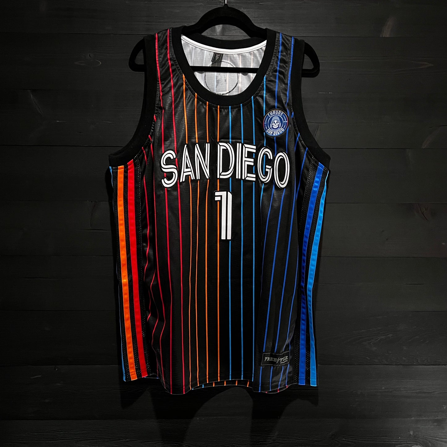 F-000m CUSTOM # and NAME SD Black Red Orange Blue w Pinstripes Basketball Jersey - MADE TO ORDER