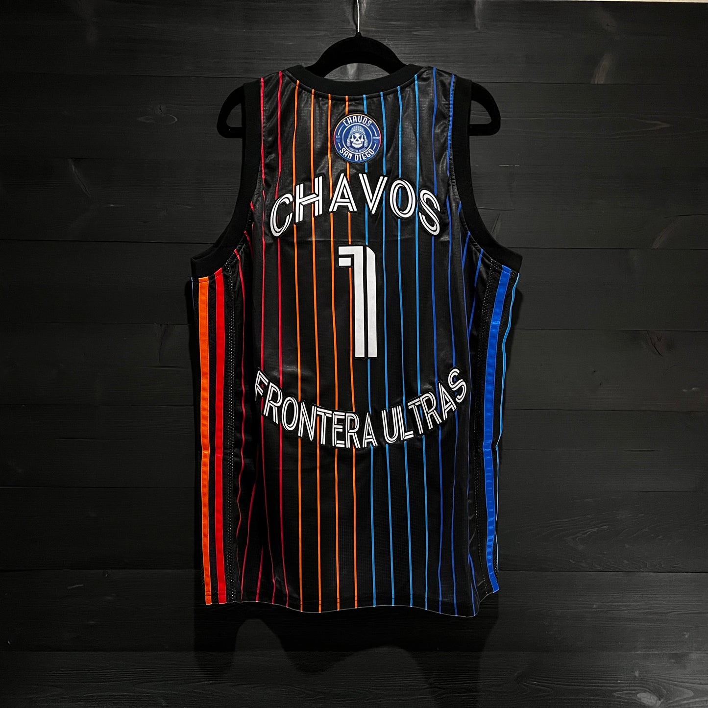 F-000m CUSTOM # and NAME SD Black Red Orange Blue w Pinstripes Basketball Jersey - MADE TO ORDER