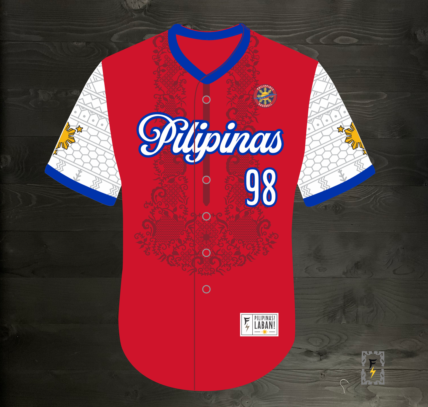 L-103m FILIPINO #98 Pilipinas Philippines Baseball Group (PBG) Red Button Up Baseball Jersey - MADE TO ORDER
