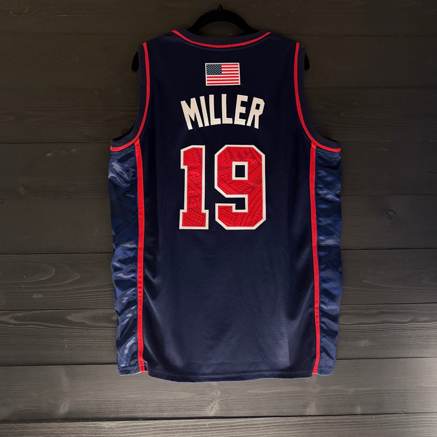 W-000a #19 MILLER WBC USA Navy Blue Tribal Basketball Jersey - ALL STOCK