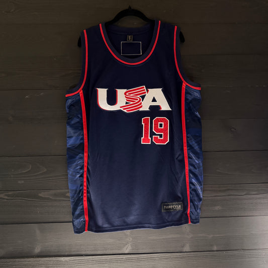 W-000a #19 MILLER WBC USA Navy Blue Tribal Basketball Jersey - ALL STOCK