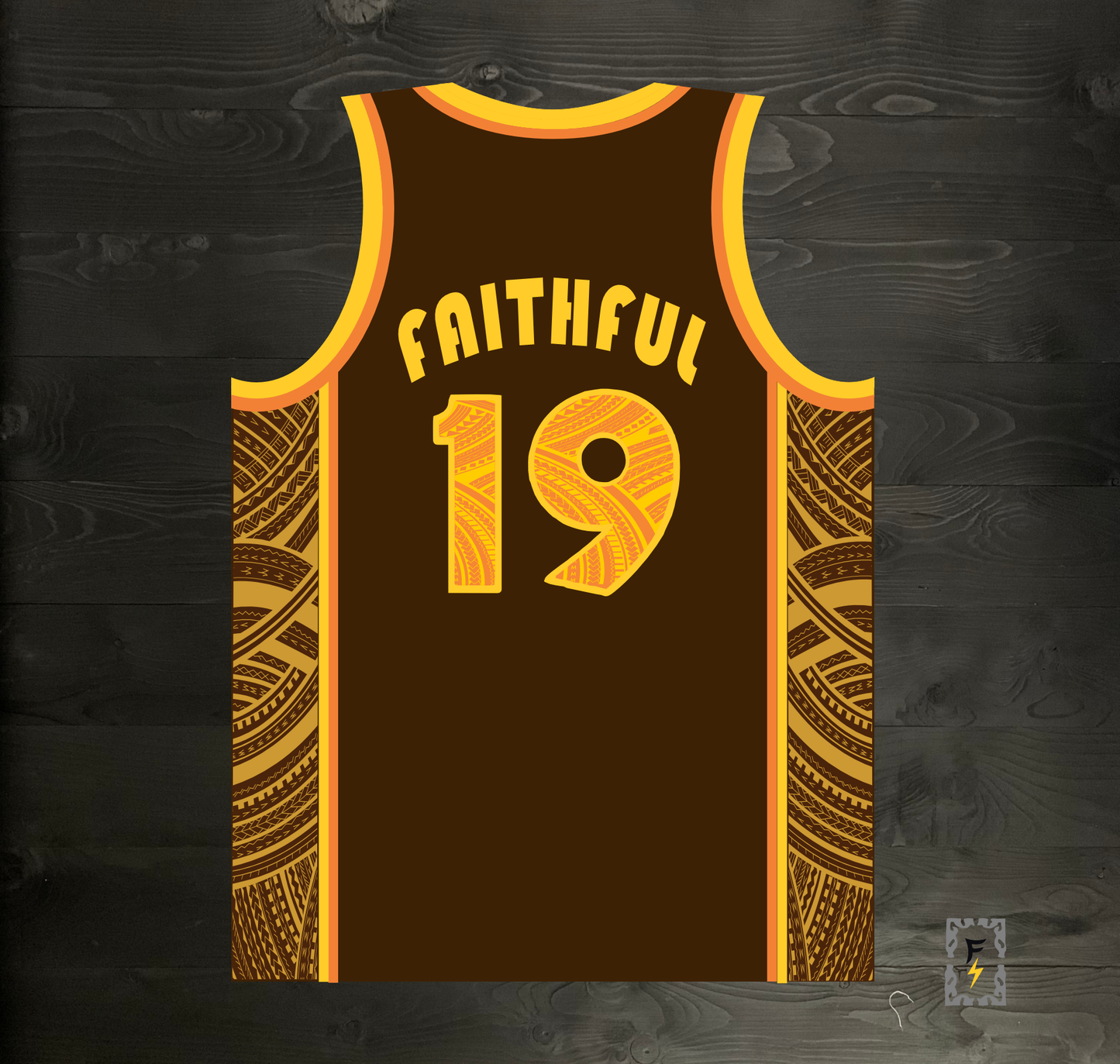 A-002m FAITHFUL #19 - FINE CITY Brown Orange Tribalz Basketball Jersey ALL SIZES - MADE TO ORDER