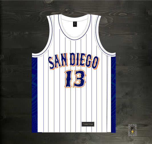 A-019m #13 White Navy Orange Pinstripes Tribalz - MADE TO ORDER - ALL SIZES