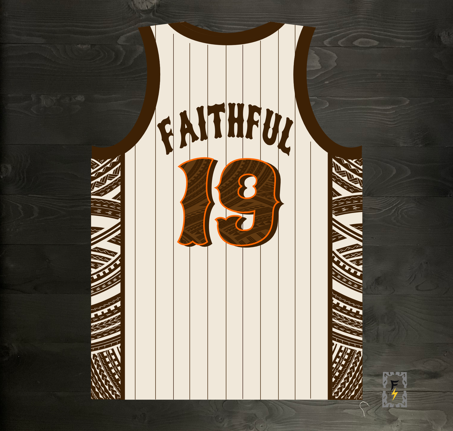 A-021m FAITHFUL #19 - FINE CITY Creme Brown Orange Tribalz Basketball Jersey ALL SIZES - MADE ORDER