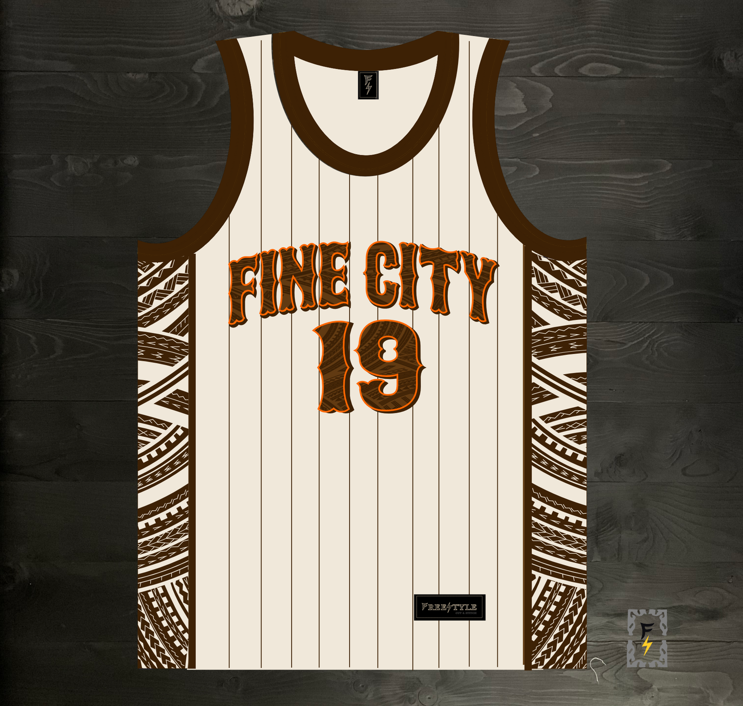 A-021m FAITHFUL #19 - FINE CITY Creme Brown Orange Tribalz Basketball Jersey ALL SIZES - MADE ORDER