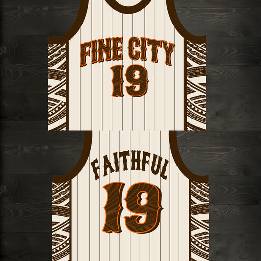 A-021m FAITHFUL #19 - FINE CITY Creme Brown Orange Tribalz Basketball Jersey ALL SIZES - MADE ORDER