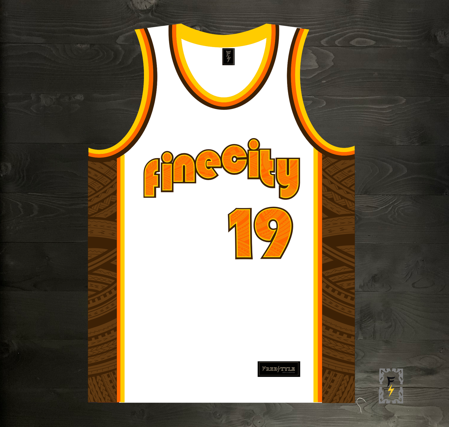 A-023m FINE CITY #19 FAITHFUL White Brown Orange Tribalz Basketball Jersey ALL SIZES - MADE TO ORDER