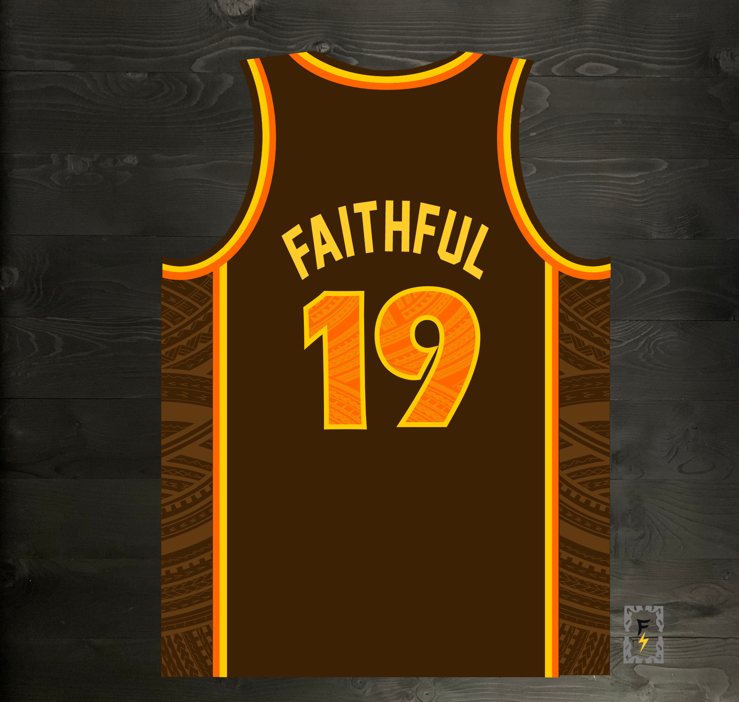 A-024m FINE CITY #19 FAITHFUL Brown Orange Tribalz Basketball Jersey ALL SIZES - MADE TO ORDER