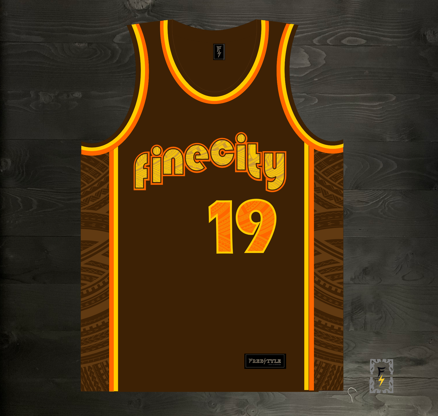 A-024m FINE CITY #19 FAITHFUL Brown Orange Tribalz Basketball Jersey ALL SIZES - MADE TO ORDER