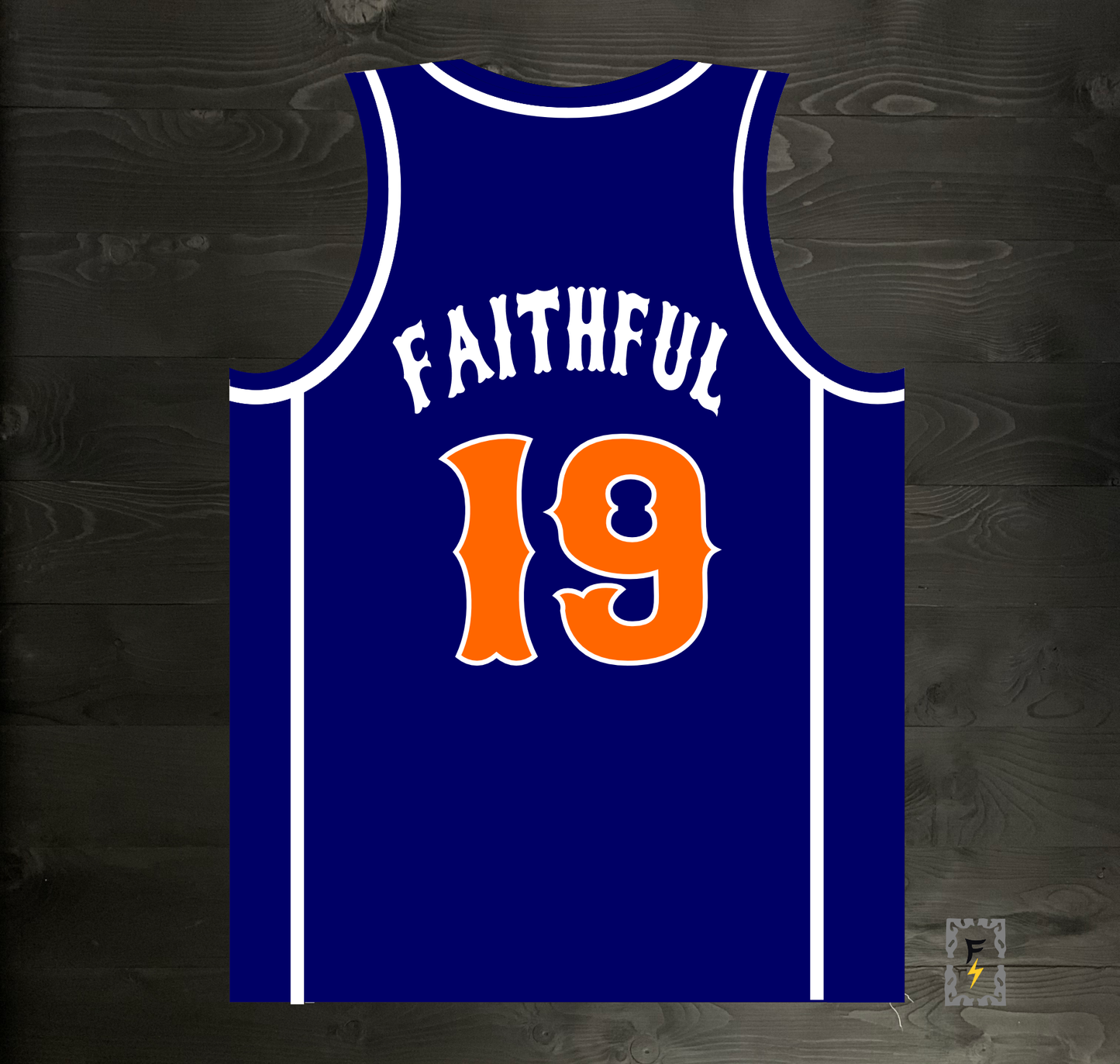 A-027m FINE CITY #19 FAITHFUL Pyramid Navy Orange Basketball Jersey ALL SIZES - MADE ORDER