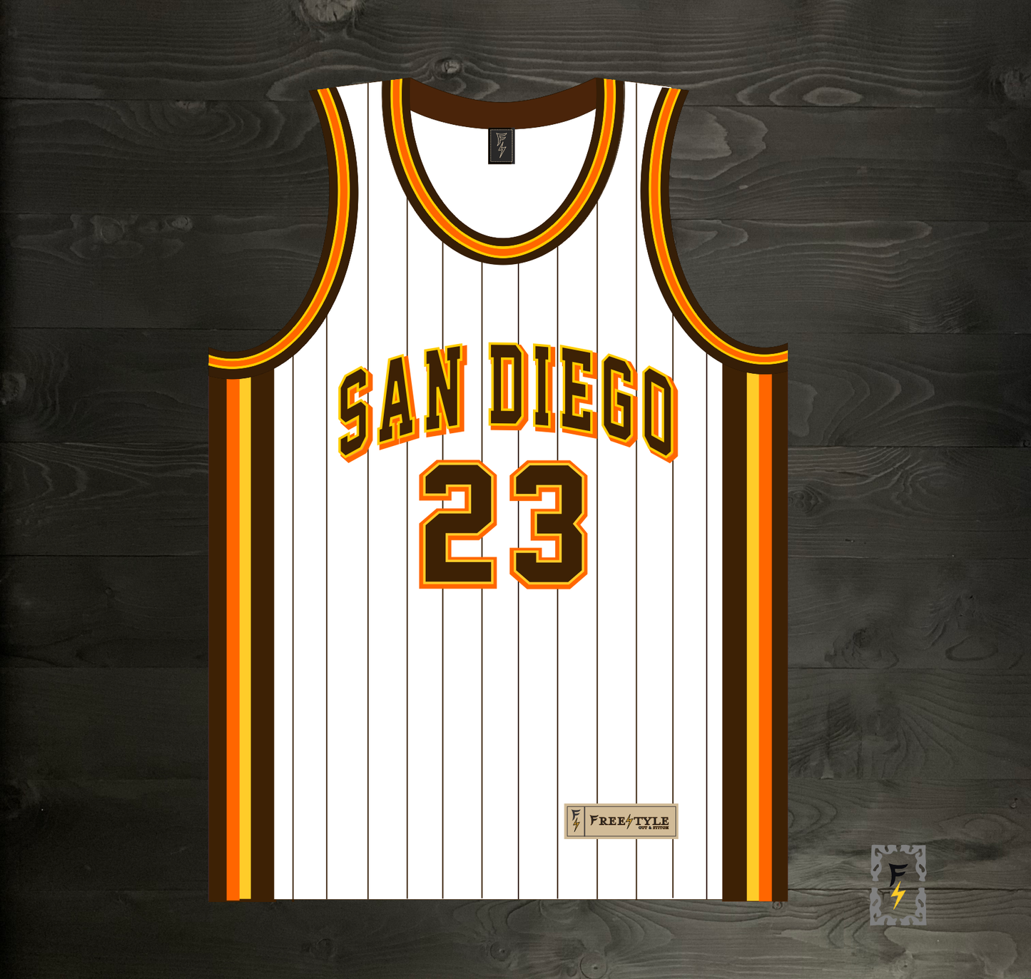 A-114m #23 White Brown Yellow Orange w Pinstripes Basketball Jersey - MADE TO ORDER