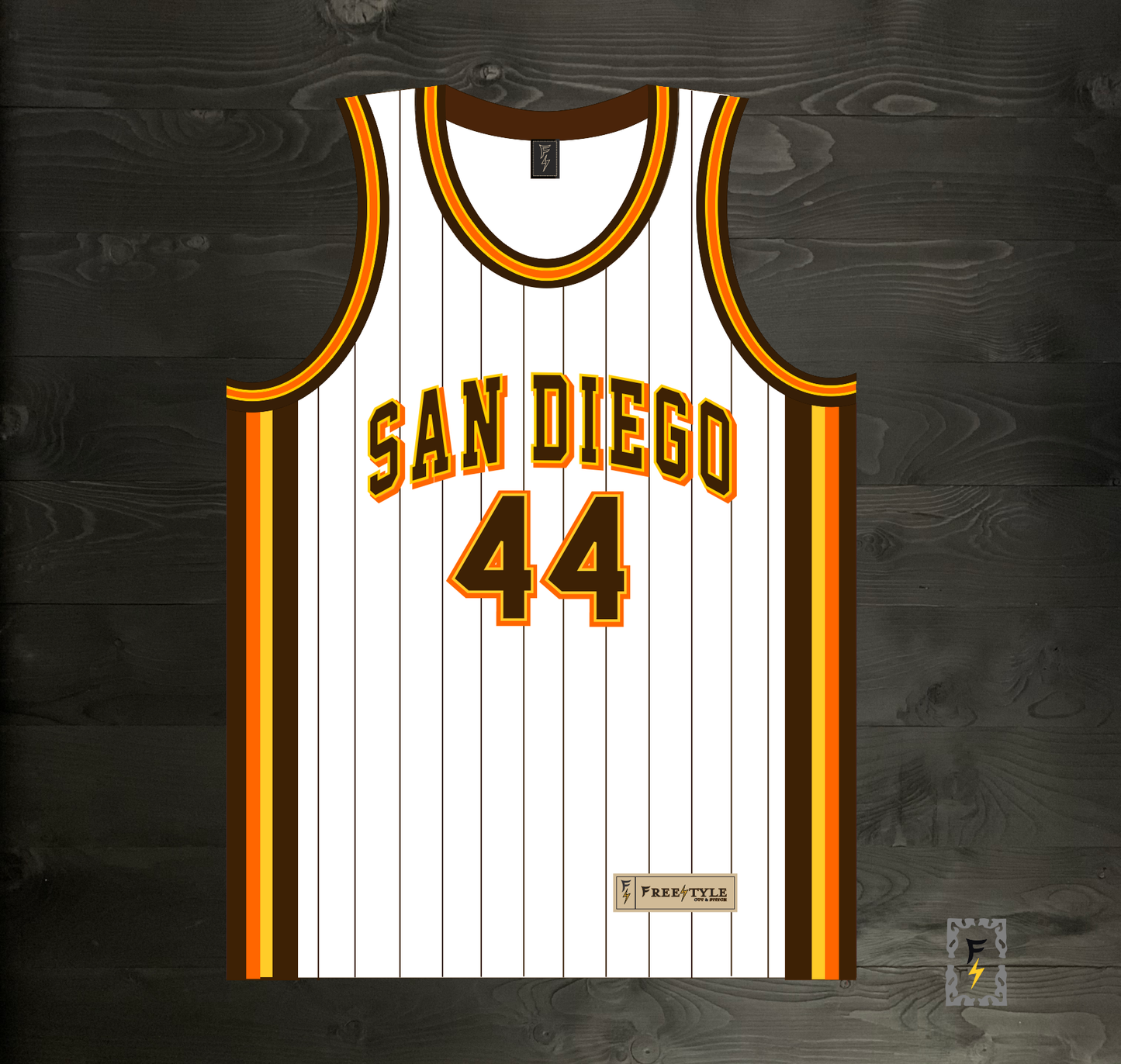 A-114m #44 White Brown Yellow Orange w Pinstripes Basketball Jersey - MADE TO ORDER