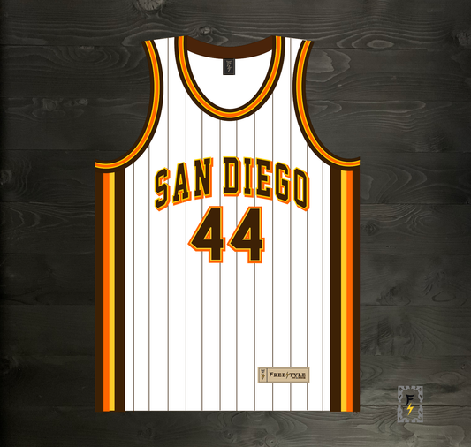 A-114m #44 White Brown Yellow Orange w Pinstripes Basketball Jersey - MADE TO ORDER