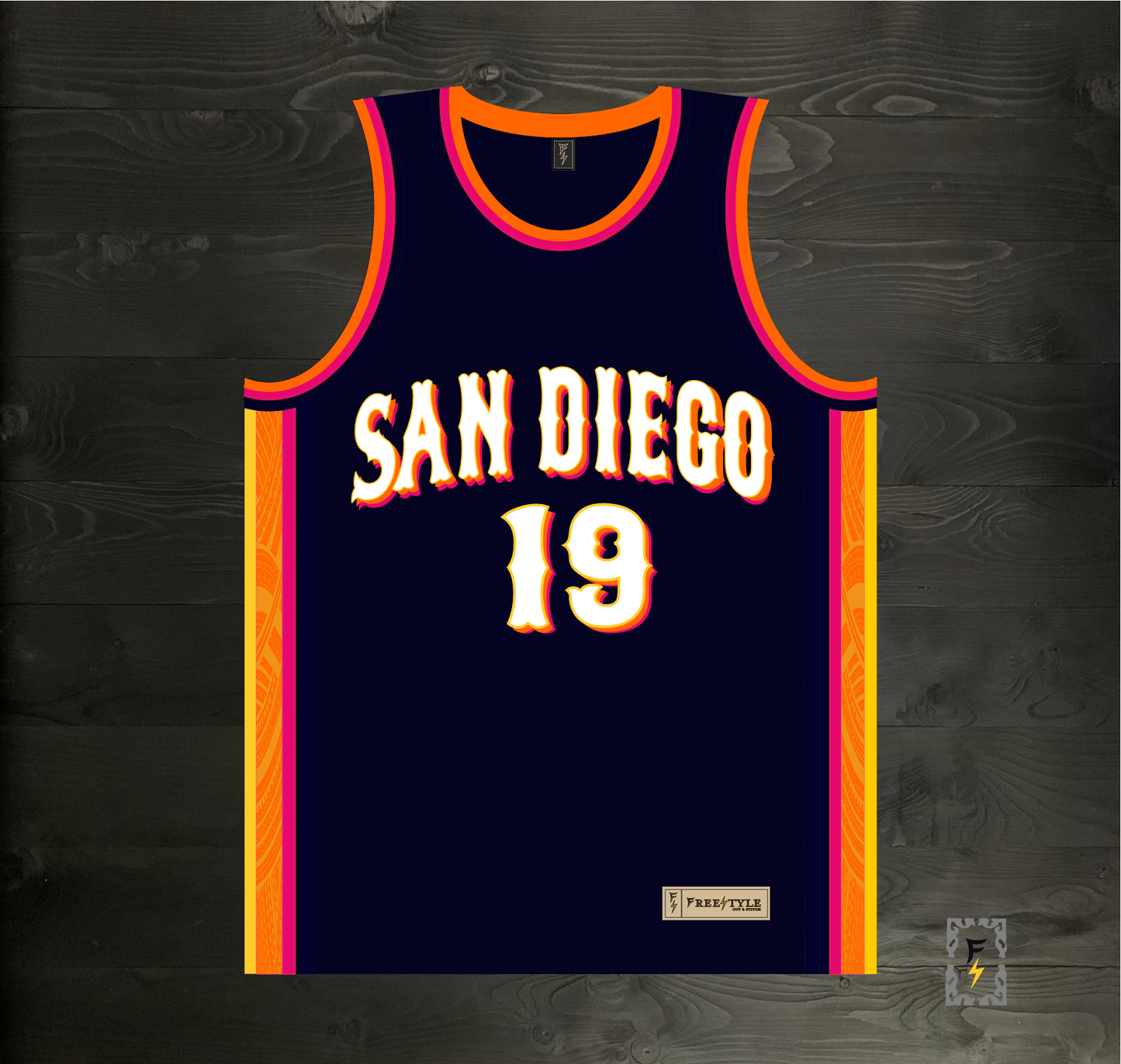 A-120m #19 LFGSD Navy Orange White Pink Basketball Jersey - MADE TO ORDER