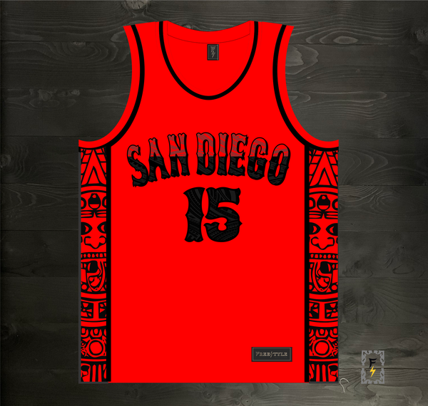 24-3001m KAWHI #15 State Inspired San Diego Red Black Tribal Aztec Hieroglyphics- MADE TO ORDER