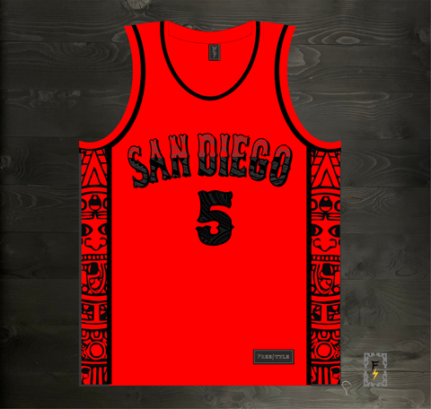 24-3001m BUTLER #5 State Inspired San Diego Red Black Tribal Aztec Hieroglyphics- MADE TO ORDER